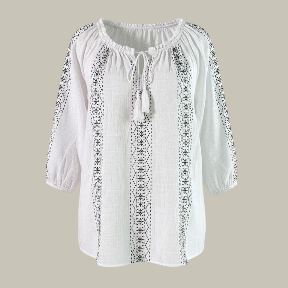 Notations Peasant Blouse XL Womens Embroidered Tassel Gauze White Boho Top